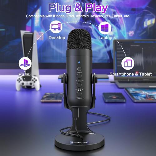 ZealSound Podcast Microphone for PC, Noise Cancellation USB Mic with Gain, Volume Adjustment & Mute Button, Monitoring & Echo, for YouTube, TikTok, Podcasting, Streaming, iPhone, iPad, Android, Mac