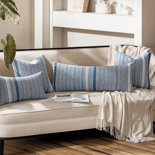 ANRODUO Pack of 2 Boho Throw Pillow Covers 24x24 Inch Farmhouse Decorative Couch Pillow Cases Jacquard Cushion Cover Neutral Accent Pillows of Bed Sofa Bedroom Living Room Home Decor, Navy Blue