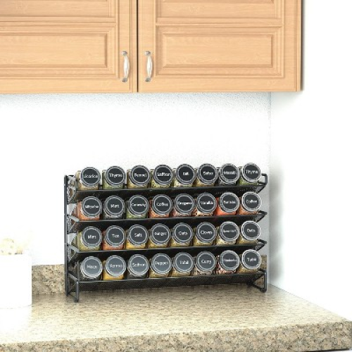 SpaceAid 4 Tier Spice Rack Organizer with 28 Jars, 386 Labels, for Cabinet, Countertop, Pantry or Wall Mount