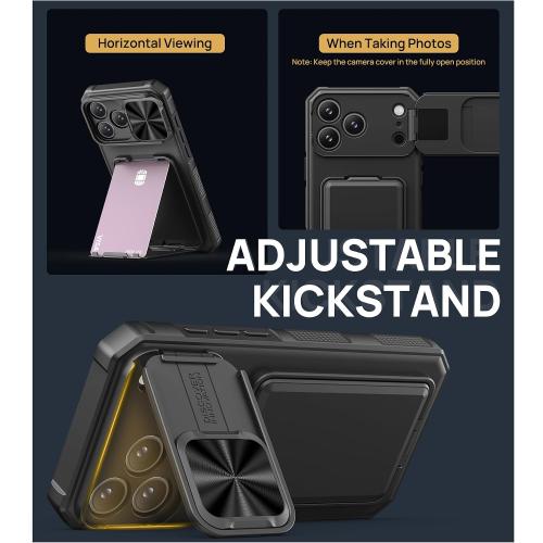 SSLOTSCASE for iPhone 17 Pro Max Case with Card Holder & Kickstand & Slide Camera Lens Cover & Camera Stand & Wallet, Military-Grade Heavy Duty Phone Case Cover for iPhone 17 Pro Max 5G 2025, Black