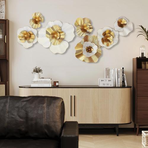 White Gold Abstract Wall Decor - Modern Metal Wall Sculptures, Large 3D Vertical 49*25 Flower Wall Decor for Living Room, Dining Room, Bedroom