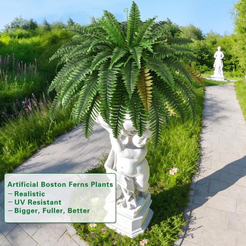 2PCS 45in Fake Ferns- Large Artificial Plants Outdoor, UV Resistant Artificial Ferns for Outdoors, 60 Branches Faux Boston Fern Realistic Weatherproof Fake Plants for Porch Home Patio Hanging Decor