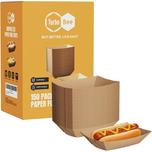 Disposable Paper Food Trays 2lb, 150 Pack Brown Paper Boats - Heavy Duty Holders for French Fries, Nachos, Hot Dogs, Tacos, Popcorn - Grease Resistant Snack Boats for Food Trucks, Parties, Delivery