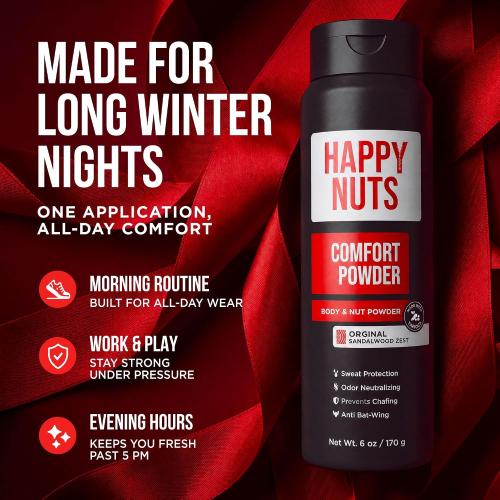 HAPPY NUTS Comfort Powder Deodorant For Men: Anti-Chafing, Sweat and Odor Control for Jock Itch, Aluminum-Free, 6 oz (1 Pack), Original Scent