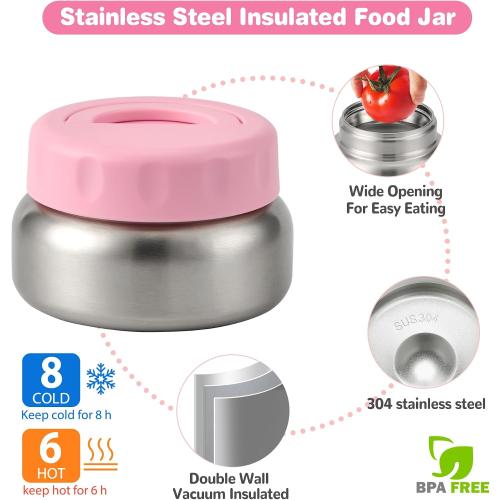 Bento Lunch Box with 9.5 oz Soup Thermo, Kids Leakproof 4 Compartments Bento Box with Silicone Cupcake,Fruit Fork,Spoon and Sauce Cup,Insulated Food Jar for School Travel-Pink