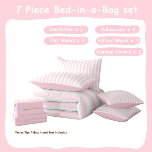 Feelyou White Pink Striped Comforter Set with Sheets 7 Piece Full Size Striped Bed in a Bag Kids Boys Girls Bedding Set Basic Simple Bedroom Decor Breathable Soft Lightweight Microfiber
