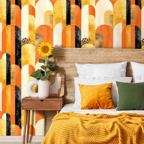 Livelynine 17.5x276 Bright Funky Peel and Stick Wallpaper Geometric Retro Orange Black Gold Yellow Wall Paper Renter Friendly Arched Vinyl Covering Watercolor Funky Pattern Contact Paper for Cabinets