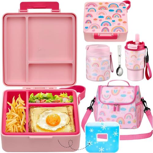 Lunch Box Set with Bento Box Container, 17OZ Stainless Steel Food Soup Thermo, Kids Water Bottle & Portable Insulated Lunch Bag – Leakproof, Hot/Cold Retention for School, Travel(Pink-Rainbow)