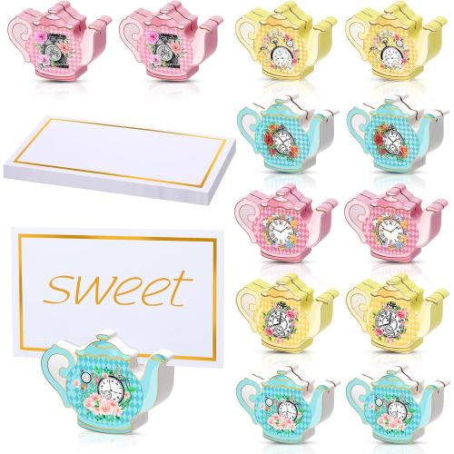 Kigley 18 Pcs Teapot Wooden Place Card Holder with 25 Pcs Gold Foil Card Tea Floral Party Wooden Table Sign Teapot Picture Number Sign Stands Holder for Wonderland Tea Party Baby Shower(Clock)