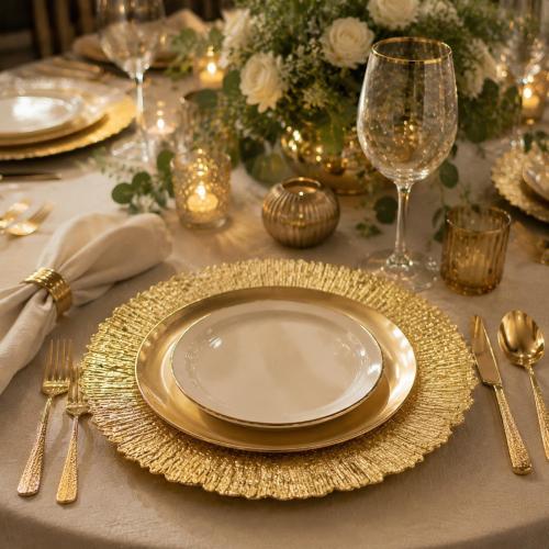 Coloch Set of 12 Gold Charger Plates, 13 Plastic Reef Serving Chargers for Dinner Plate Reusable Round Shiny Decorative Charger Plate for Wedding, Catering, Parties, Christmas, Home Dinner Use