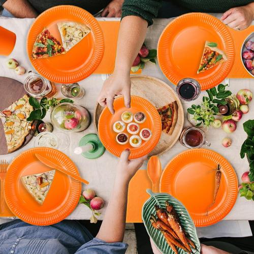 210pcs Orange Paper Plates Disposable Tableware Party Supplies- Includes 9 Dinner Plates, 7 Dessert Plates, 9oz Paper Cups, Napkins, Plastic Forks, Knives And Spoons For All Holiday Parties