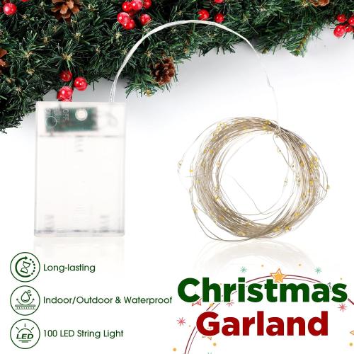26ft Christmas Light Garland with 100 LED Battery Operated Pine Cones Red Berries Long Thick Outdoor Christmas Lighted Garland Artificial Xmas Decorations for Door Stairs Railing Fireplace