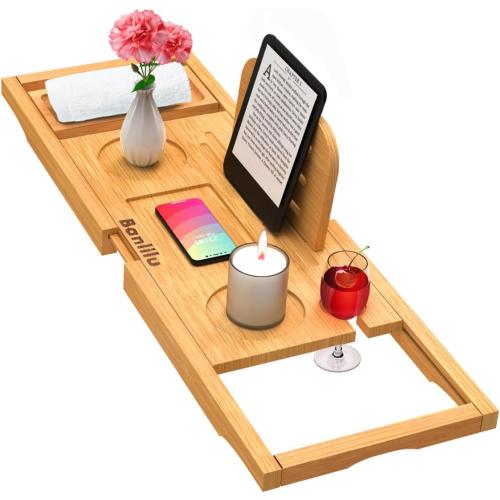 Premium Bamboo Bathtub Tray Caddy - Bath Tub Tray Table for Bathtub - Bath Caddy Tray for Bathtub, Expandable Size, Fits Most Bath Tubs