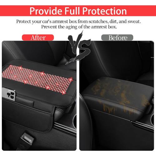 NBTEPEM Bling Car Armrest Cover, Universal Microfiber Leather Center Console Cover with 2 Pockets, Rhinestone Car Armrest Cushion Protector, Bling Accessories Interior for Most Vehicles (Red Diamond)