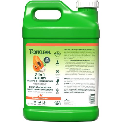 TropiClean 2-in-1 Dog Shampoo and Conditioner, Professional Dog Shampoo, Moisturizing Detangler, Puppy Safe, Made in USA, Papaya Scent, 2.5 Gallon