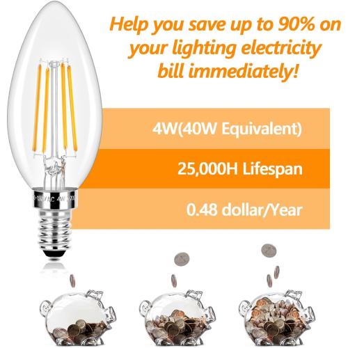 E12 LED Candelabra Bulbs 40 Watt Equivalent, 4W Vintage Candle Light Bulbs Dimmable, 470Lm Warm White 2700K B10 Edison Bulb, Filament Clear Glass Lamp Bulb for Chandelier Ceiling Fan (5 Packs)