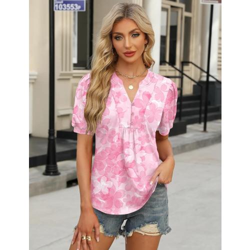 IECCP Womens Tops Puff Short Sleeve Shirts Dressy Casual V-Neck Blouses