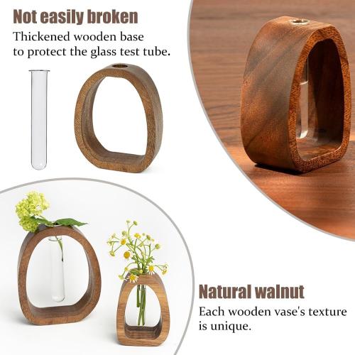 Acacia Small Wood Vase, Glass Tube Plant Propagation Station, MCM Decor