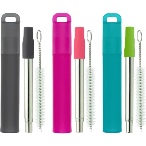 NAIVELY-Metal Reusable Straws 3 Pack Collapsible Portable Stainless Steel Drinking Straw Telescopic Travel Straw, with Case and Cleaning Brush Foldable Pocket Straws
