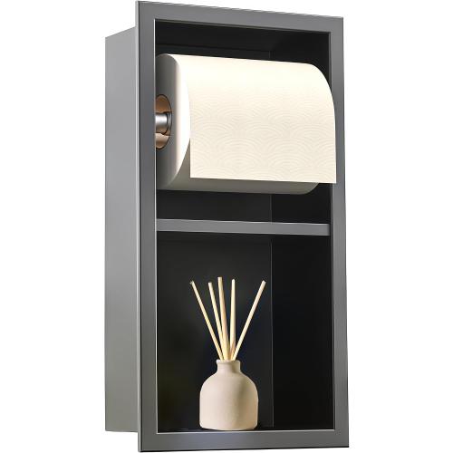 Recessed Toilet Paper Holder, 304 Stainless Steel Tissue Paper Holder, in Wall Tissue Toilet Roll Holder with Storage for Toilet, Bathroom, Kitchen & Hotel, 13.4″x7″x 6″, Matte Black