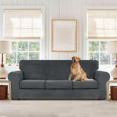 WEERRW 4 Pieces Couch Cover for Sofa Velvet Sofa Covers Washable, Dark Grey