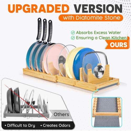 [Adjustable] Bamboo Pots and Pans Organizer Under Cabinet - Diatomite Base