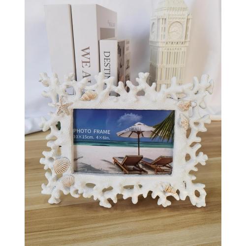 4x6 Coral Shell Picture Frame, White Resin Beach Decor