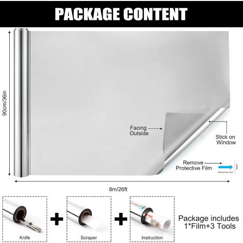 Pushglossy 36 Inch X 26 Ft One Way Window Tint Privacy Reflective Daytime Mirror Film Sun Blocking Thermal Insulated Film Heat Control Static Cling Anti UV for Home Office (Silver)