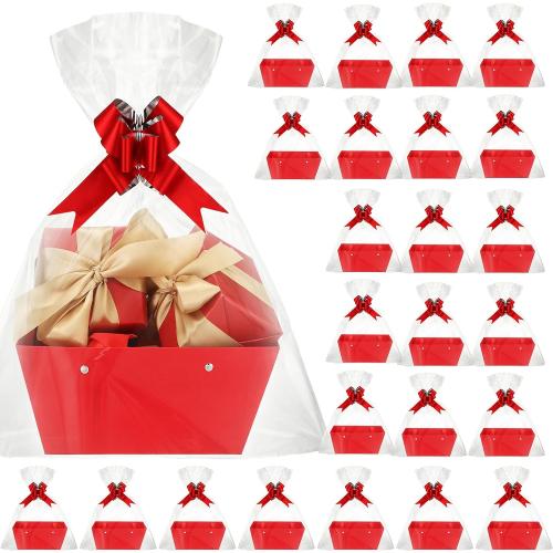 PerKoop 24 Pack Baskets for Gifts Empty Bulk 6.5 x 9.8'' Thick Kraft Gift Basket with Pull Bows Bags Empty Gift Basket for Easter Birthday Wedding Mother's Day Graduation Snack Farmers Market(Red)