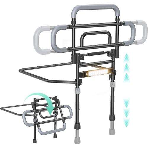 Bed Rails for Elderly Adults Safety, 180° Foldable Bed Rail with Adjustable Height & Width, 350lb Load, Extra-High Design, Wide Base, LED Light & Storage Pockets – Fits King/Queen/Full/Twin Beds