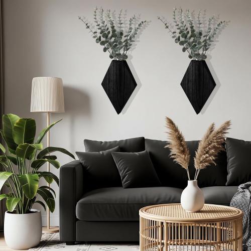 Chunful 2 Pcs Wooden Wall Planter Decor,Black,9.8 x 6.6 x 1.2 Inches