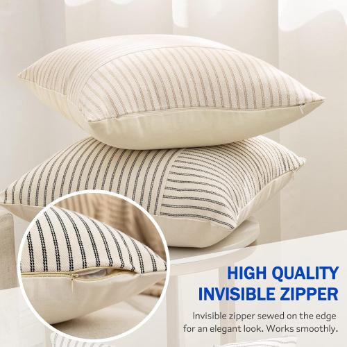 YCOLL Christmas Pillow Covers 18x18, Boho Throw Pillow Covers Set of 2, Red and Cream Striped Linen Decorative Pillows Cushion Covers for Couch Bedroom Christmas Decorations