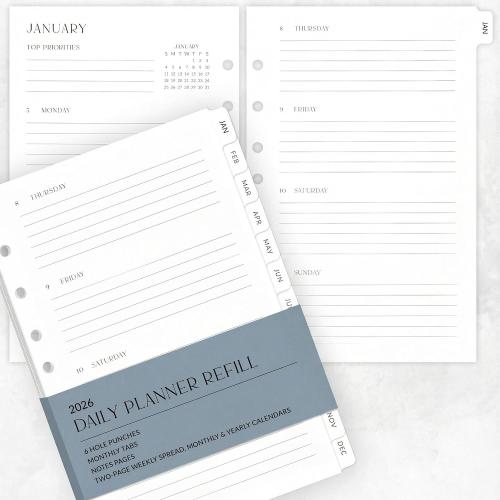 Beautiful 2026 Daily Planner Inserts for 7 Ring Binders - A5 Refill Set