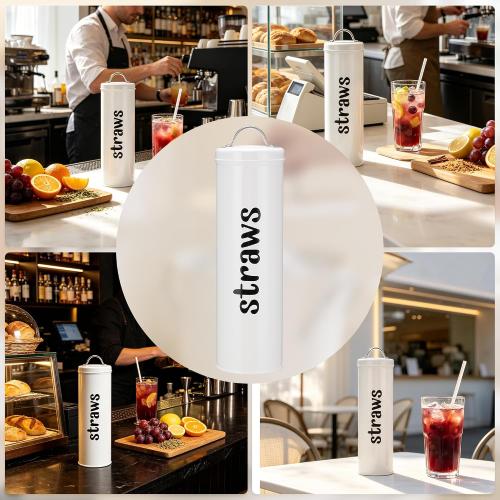 Metal Straw Holder with Handle Lid, 12 Inches Tall Drinking Straw Dispenser