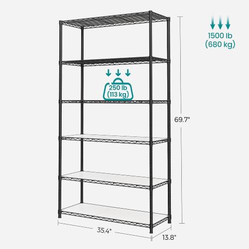 SONGMICS 6-Tier Storage Shelves, Adjustable Wire Shelving Unit, 8 Hooks