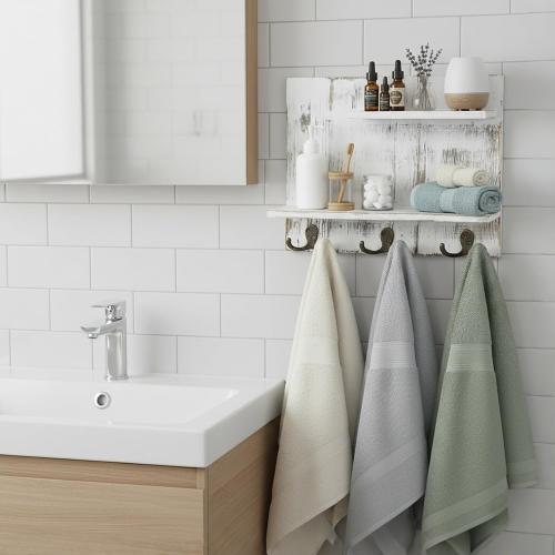 MyGift 2 Tier Wall Mounted Shabby White Washed Solid Wood Bathroom Storage Shelves, Decorative Entryway Floating Shelf Rack with 6 Hooks for Hanging Towels