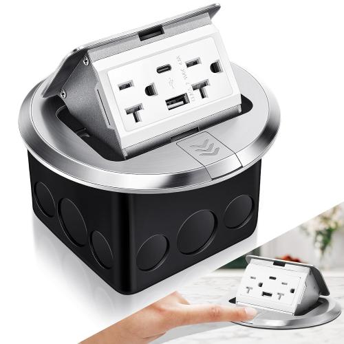 Hoolerry 1 Pack Round Pop up Floor Electrical Outlet Cover Kit with 4.8a USB Charger 20amp Waterproof Tamper Resistant Tr Receptacle Outlet Box for Countertop Home(Silver)