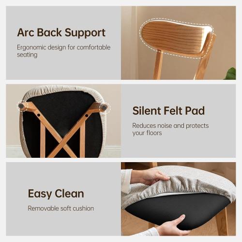 100% Solid Oak Dining Chairs, Mid Century Modern Dining Chair with Curved Backrest, Fabric Upholstered Dining Chairs for Kitchen, Study, Living Room (2, Original Wood-Pear White Cushion)