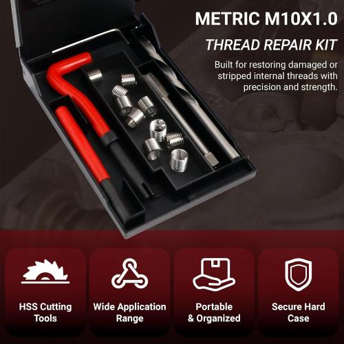 M10×1.0 Helicoil Thread Repair Kit, Thread Repair Tool with HSS Drill Bit & Thread Inserts, Metric Thread Repair Installation Kit for Rethreading Internal Threads with Carry Case