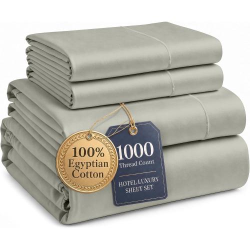 LANE LINEN King Sheets Cooling 100% Egyptian Cotton Sateen - Silver