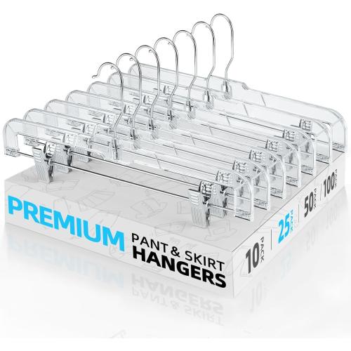 HOUSE DAY Clear Pants Hangers with Clips 25 Pack, Non-Slip Skirt Hangers for Women, Upgraded Heavy Duty Plastic Clip Hanger for Pants, Trousers, Jeans, 14 Short Hanger, 360-Rotating Swivel Hook