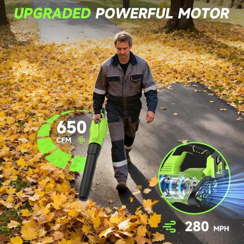 Leaf Blower Cordless, 650CFM Electric Leaf Blowers with 2 x 5.2Ah Batteries and Charger, 3 Speed Modes, 1 x Adjustable Shoulder Strap, Powerful Snow Blowers for Lawn Care, Patio, Dust, Blowing Leaves