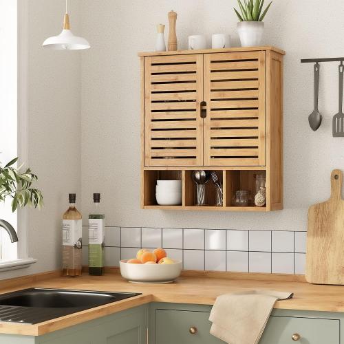 Bathroom Wall Storage Cabinet, Bamboo Medicine Cabinet with Doors and Adjustable Shelves, Bathroom Medicine Cabinet Wall Mount, Wall Mounted Over-the-Toilet Storage Cabinet