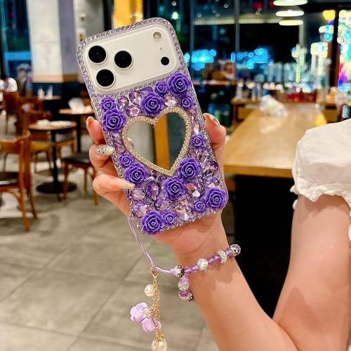 Changjia for iPhone 18 Pro Max/iPhone 17 Pro Max Glitter Bling Case,Cute 3D Sparkle Heart Makeup Mirror Crystal Rhinestone Flower Diamond Gems with Lanyard Wrist Strap Case for Women Girls 6.9,Purple