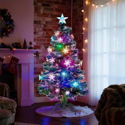 Prsildan 5 FT Artificial Christmas Tree, Pre-Lit Optical Fiber Xmas Trees with Multicolor LED Lights, Snowflakes & Top Star, Lighted Christmas Tree Holiday Home Decor