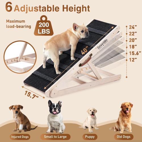 Dog Ramp for Bed - Foldable Small to Large Dog Ramp for Couch - 6 Adjustable Height from 12 to 24 - Stairs with High Traction Mat - Wooden Portable Ramp for Dogs to Get on Bed Couch Car Up to 200LBS