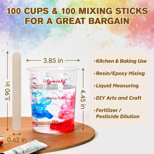 Lilymicky 16 oz Plastic Mixing Cups, 100 Pack 16 oz (500ml) Disposable Measuring Cups with 100 Wooden Mixing Sticks, Can Be Used for Epoxy Resin, Liquid Measuring, Paint, Cooking and Baking