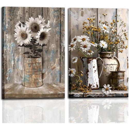 2 Pcs Rustic Farmhouse Floral Wall Art Framed Canvas Prints with Daisies