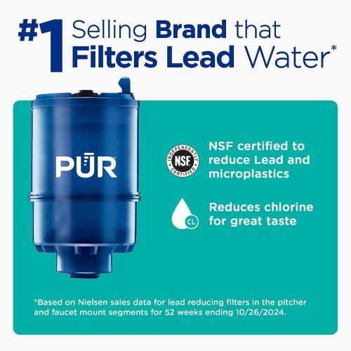 PUR Plus Faucet-Mount Water Filtration System, Lead-Reducing Filter, Grey | Easy Installation, 100-Gallon Capacity, Compatible with External Aerators