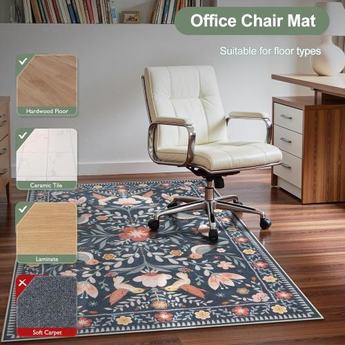 Anidaroel 36x48 Office Chair Mat for Hardwood Floor, Black Floral Computer Chair Mat, Anti-Slip Vintage Under Desk Rug for Office, Low Pile Bird Bug Office Rugs for Rolling Chairs